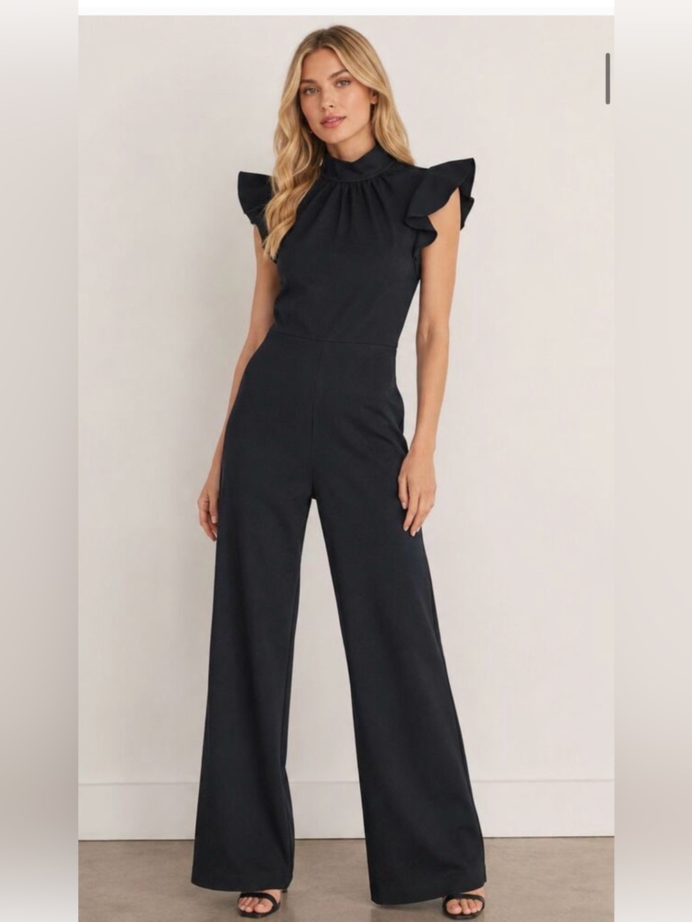 Amanda Uprichard Black Flutter Sleeve Mock Neck Davina Jumpsuit